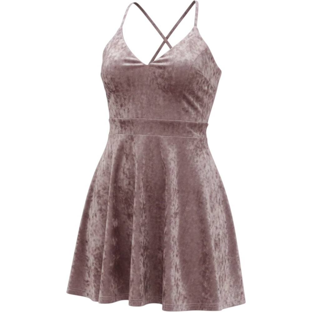 Mauve Crushed Velvet Skater Dress V-Neck Cross Back Mini Dress Sleeveless